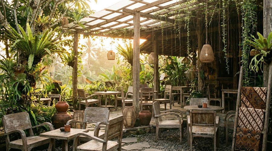 Teras berlantai batu dengan kursi kayu dan tanaman rimbun, cahaya sore masuk dari sela pergola.
