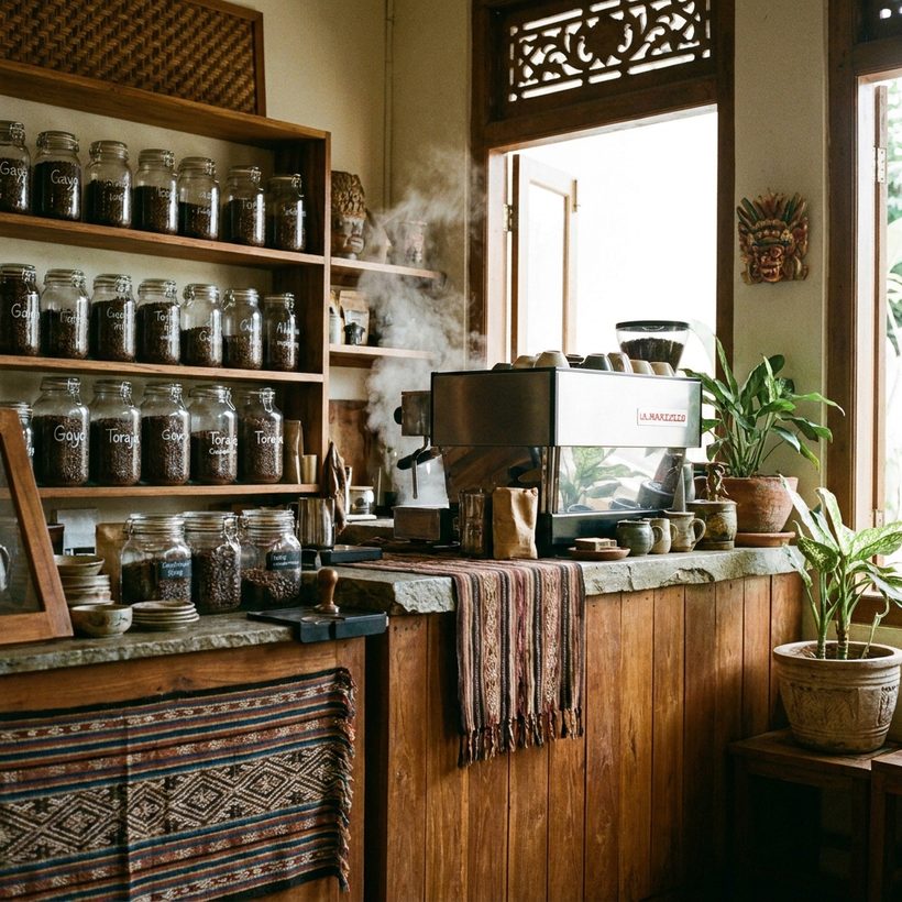 Meja barista dengan mesin espreso, penggiling, dan rak toples berisi biji kopi berlabel asalnya.