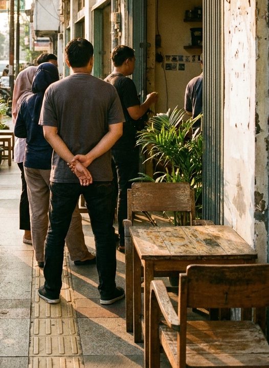 Beberapa orang mengantre di trotoar depan pintu masuk pada pagi hari.