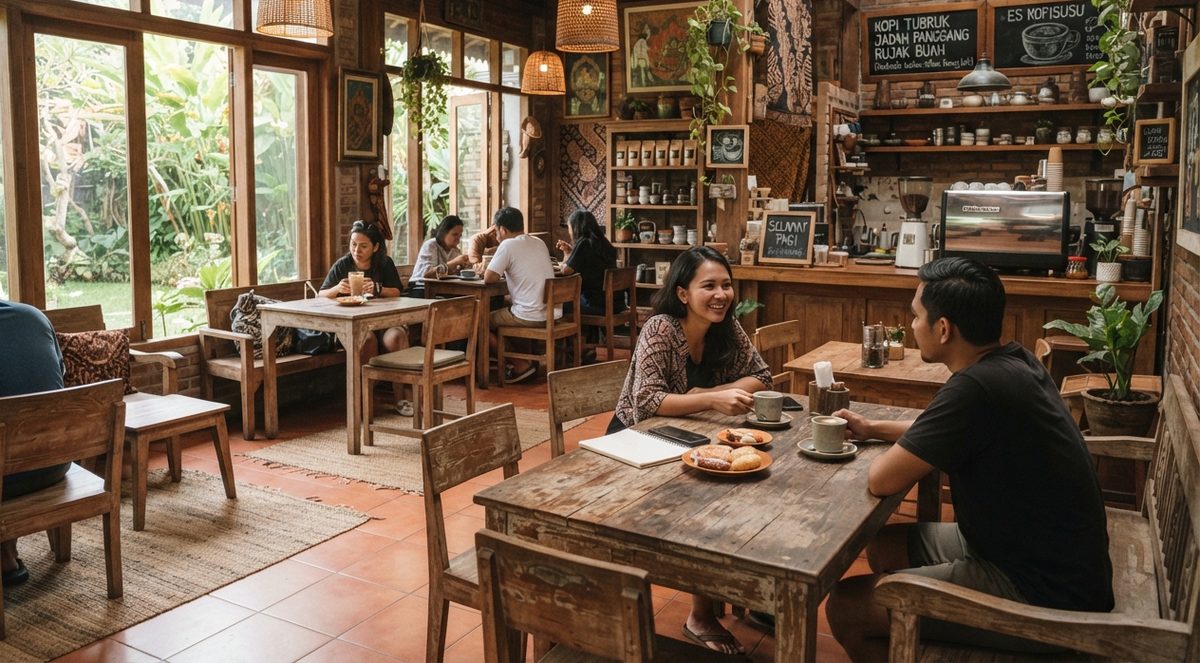Ruang dalam kafe berdinding dan berperabot kayu, cahaya pagi masuk dari jendela besar, beberapa tamu duduk di meja panjang.