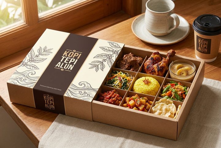 Kotak nasi bersekat sembilan berisi nasi kuning, dua lauk, sayur, kerupuk, dan puding, dengan gelas kopi di sebelahnya.