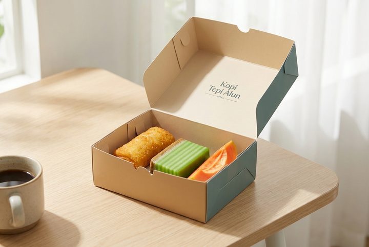 Kotak kudapan terbuka berisi risoles, kue lapis hijau, dan potongan pepaya, dengan cangkir kopi di sebelahnya.