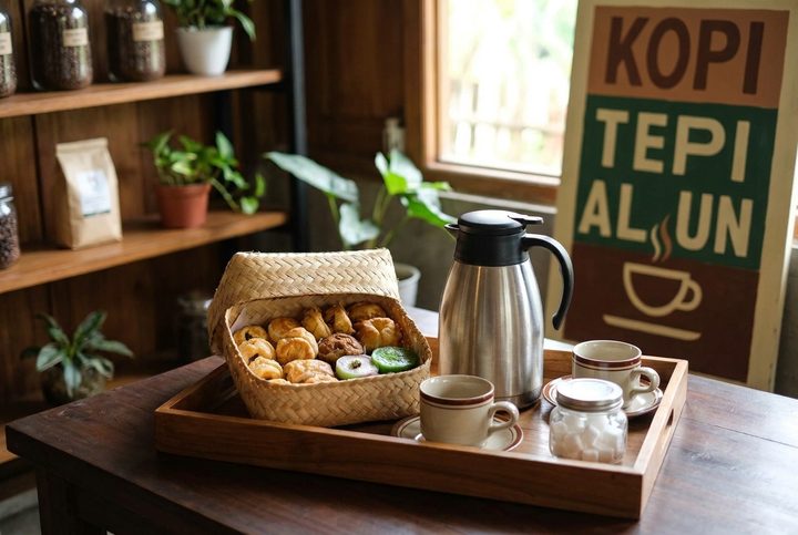 Baki kayu berisi besek kudapan, termos kopi baja, dua cangkir, dan toples gula, di depan papan bertuliskan nama kafe.