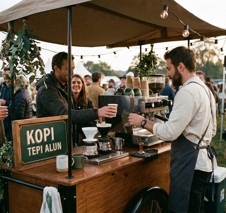 Gerobak kopi kayu dengan mesin espreso dan alat seduh manual, seorang barista menuang kopi untuk tamu acara.